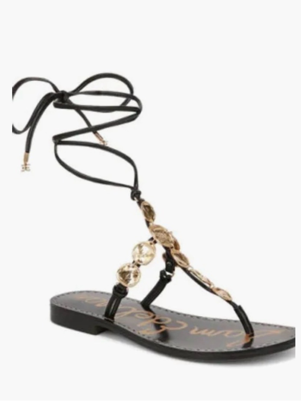 Sam Edelman Black Leather T-Strap Gladiator Sandals with Gold Discs - Picture 6 of 12